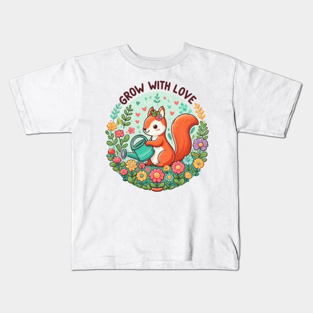 Cherished Blooms: "Grow with Love" Squirrel and Floral Circle Kids T-Shirt by WEARWORLD